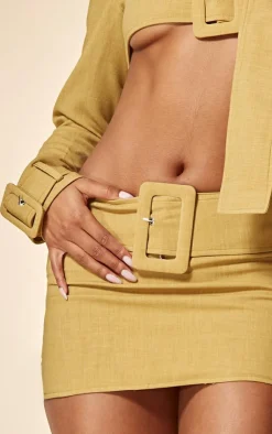 New PrettyLittleThing PLT Label Belt Detail Low Rise Micro Mini Skirt Mustard