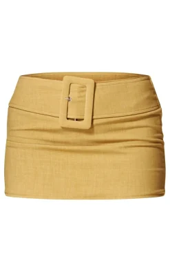 New PrettyLittleThing PLT Label Belt Detail Low Rise Micro Mini Skirt Mustard