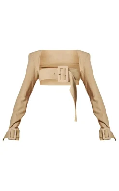 Online PrettyLittleThing PLT Label Belt Detail Cropped Blazer Oatmeal