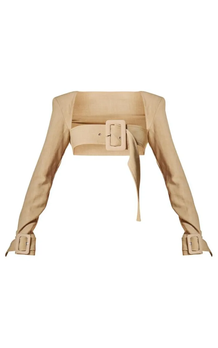 Online PrettyLittleThing PLT Label Belt Detail Cropped Blazer Oatmeal