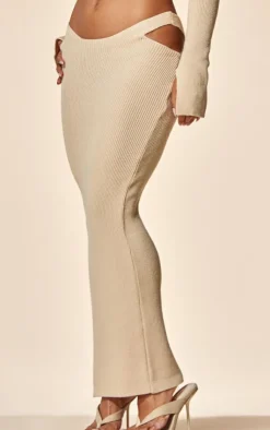 Clearance PrettyLittleThing PLT Label Cut Out Knitted Midaxi Skirt Oatmeal