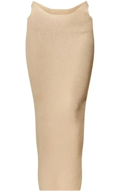Clearance PrettyLittleThing PLT Label Cut Out Knitted Midaxi Skirt Oatmeal