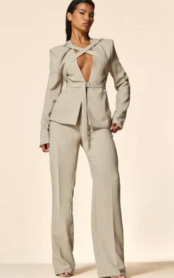PrettyLittleThing PLT Label Tailored Straight Leg Pants Oatmeal