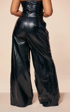 Outlet PrettyLittleThing PLT Label Plus Croc Faux Leather Wide Leg Tailored Pant Black