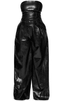 Outlet PrettyLittleThing PLT Label Plus Croc Faux Leather Wide Leg Tailored Pant Black
