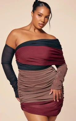 PLT Label Plus Burgundy Bandage Mesh Panel Ruched Asymmetrical Bodycon Dress-PrettyLittleThing Discount