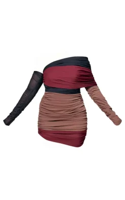 PLT Label Plus Burgundy Bandage Mesh Panel Ruched Asymmetrical Bodycon Dress-PrettyLittleThing Discount