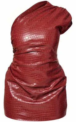 PLT Label Plus Burgundy Croc Faux Leather Ruched Asymmetrical Bodycon Dress-PrettyLittleThing Hot
