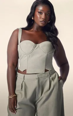 Sale PrettyLittleThing PLT Label Plus Tailored Corset Top Sage Green