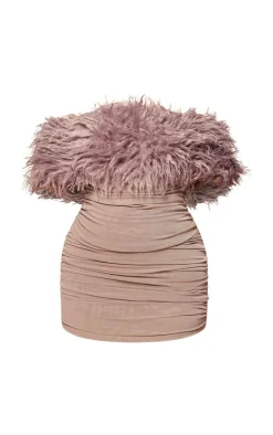PLT Label Plus Bandage Mesh Faux Shearling Bardot Ruched Bodycon Dress-PrettyLittleThing Best