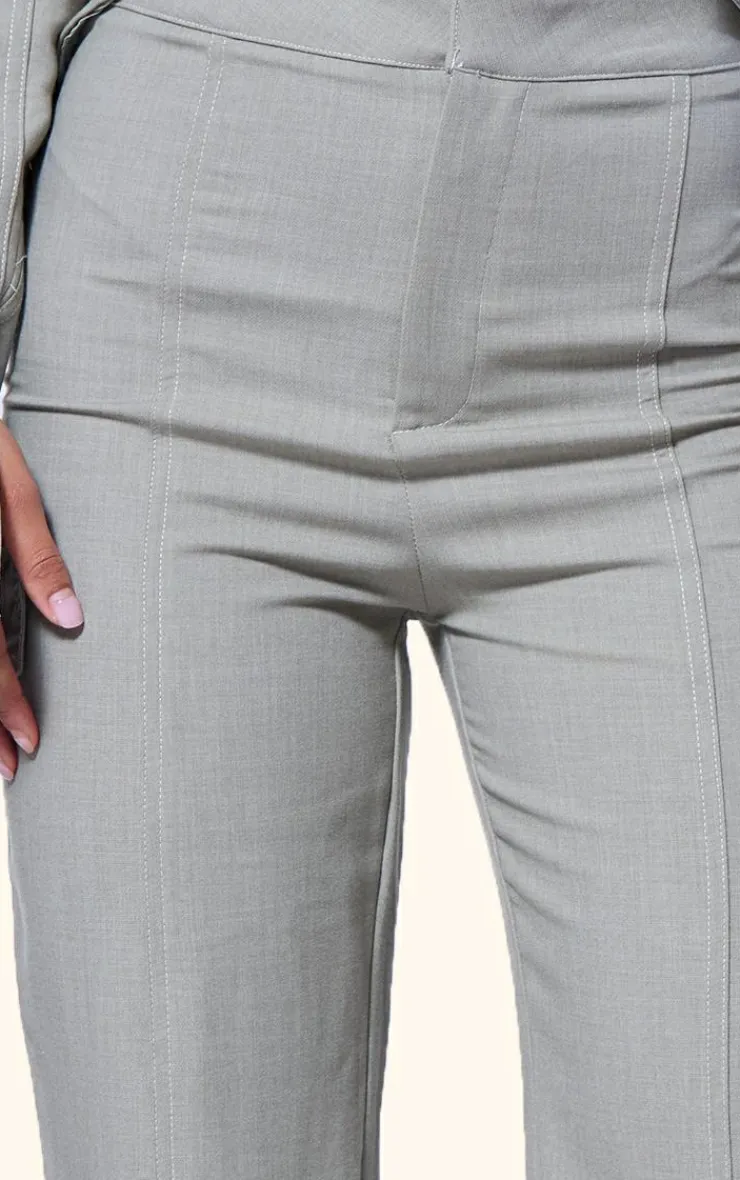 Hot PrettyLittleThing PLT Label Contrast Stitch Tailored Pants Sage Green