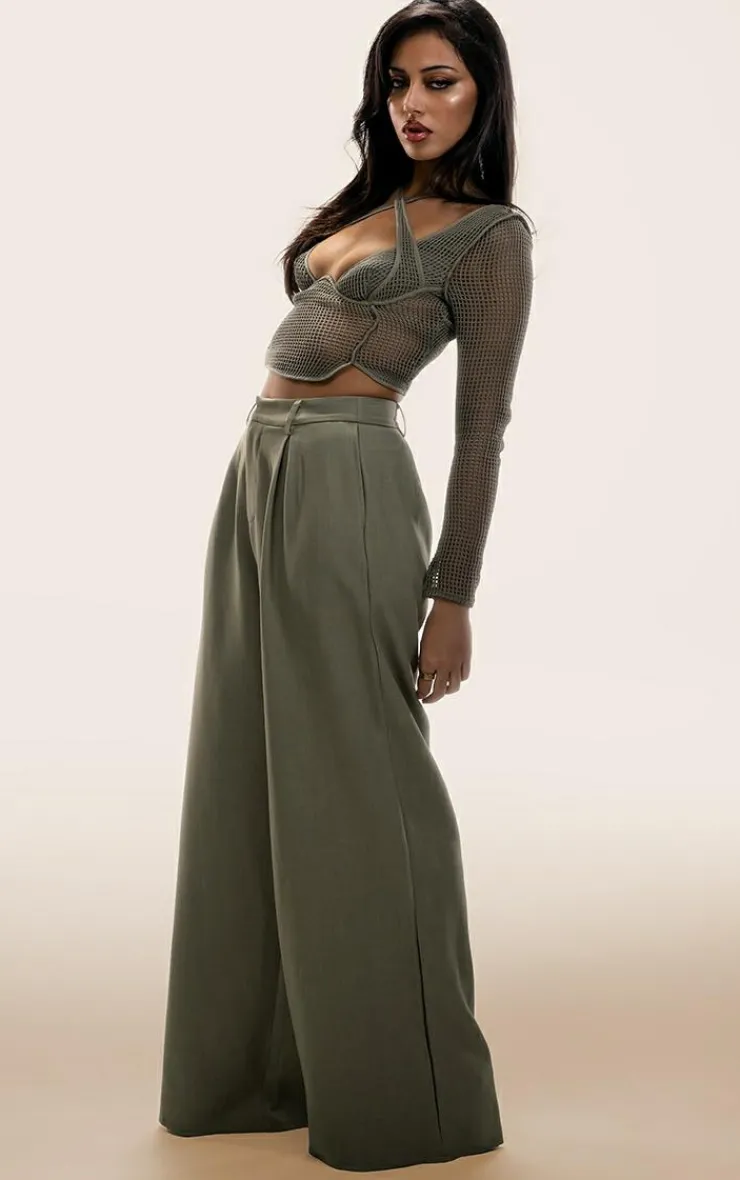 Hot PrettyLittleThing PLT Label Tailored Pleated Wide Leg Pants Sage Green