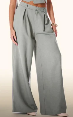Hot PrettyLittleThing PLT Label Tailored Pleated Wide Leg Pants Sage Green