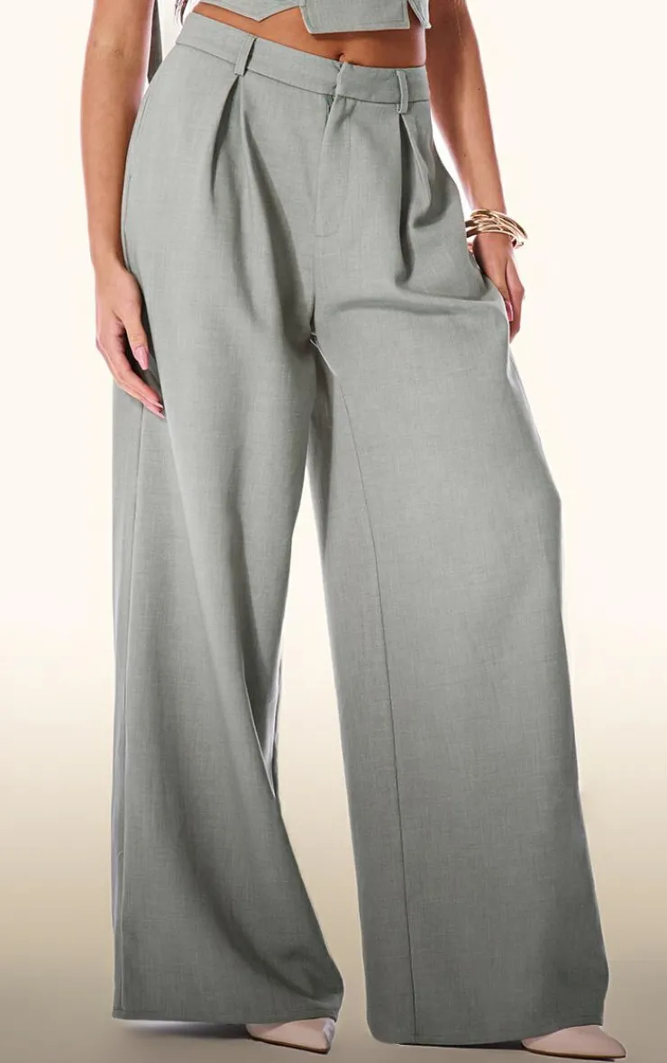 Hot PrettyLittleThing PLT Label Tailored Pleated Wide Leg Pants Sage Green