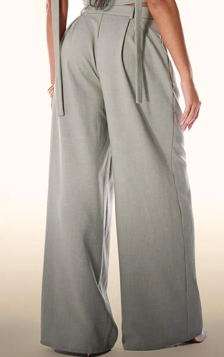 Hot PrettyLittleThing PLT Label Tailored Pleated Wide Leg Pants Sage Green