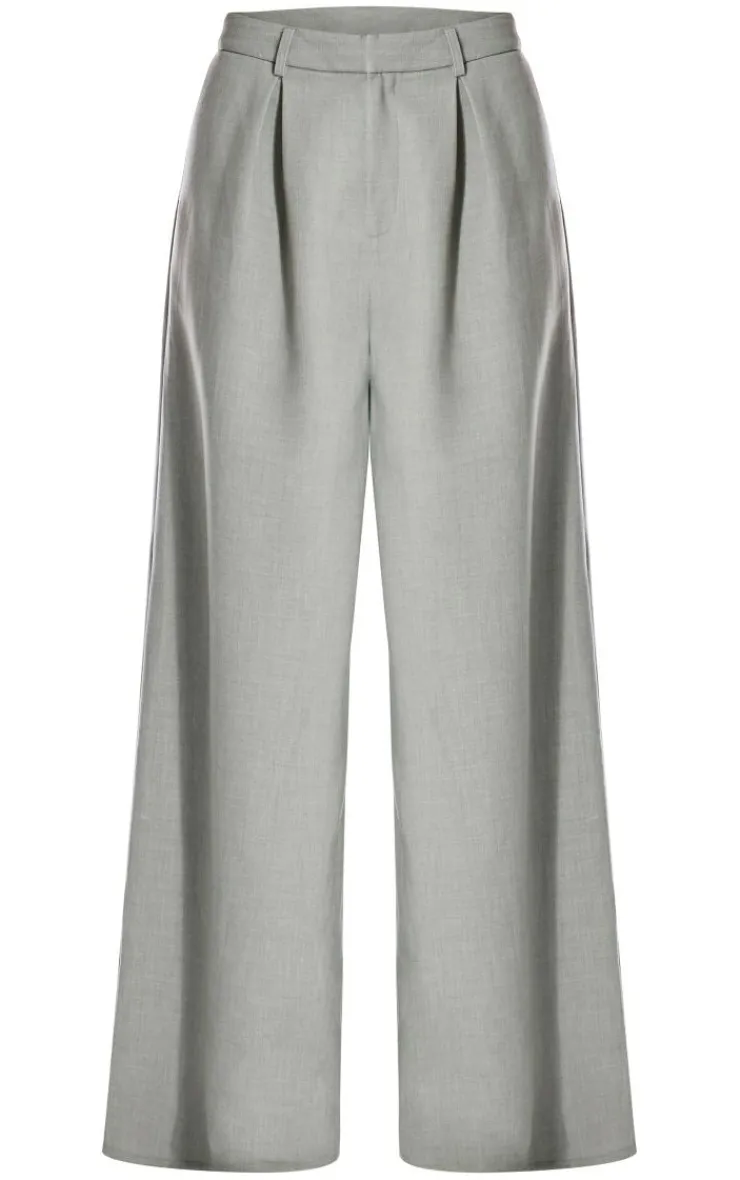 Hot PrettyLittleThing PLT Label Tailored Pleated Wide Leg Pants Sage Green