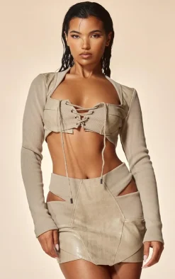 New PrettyLittleThing PLT Label Cut Out Detail Faux Leather Mini Skirt Stone