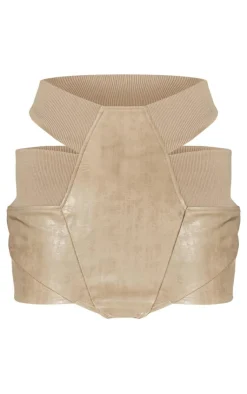 New PrettyLittleThing PLT Label Cut Out Detail Faux Leather Mini Skirt Stone