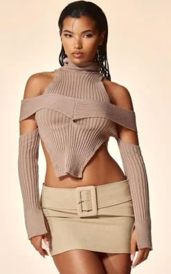 PrettyLittleThing Knitted Tops*PLT Label Cut Out Knitted Long Sleeve Top