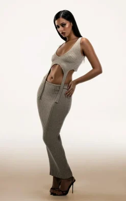Hot PrettyLittleThing PLT Label Knitted Maxi Skirt Taupe