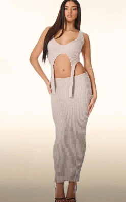 Hot PrettyLittleThing PLT Label Knitted Maxi Skirt Taupe