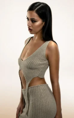 Online PrettyLittleThing PLT Label Knitted Strap Detail Top Taupe