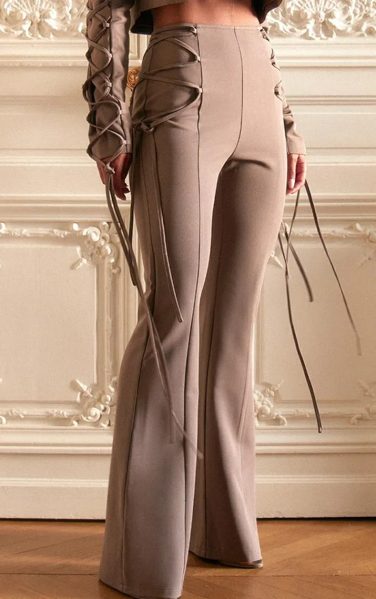 Sale PrettyLittleThing PLT Label Lace Up Extreme High Waisted Tailored Pants Taupe