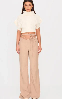 Outlet PrettyLittleThing PLT Label Tie Waist Pants Taupe