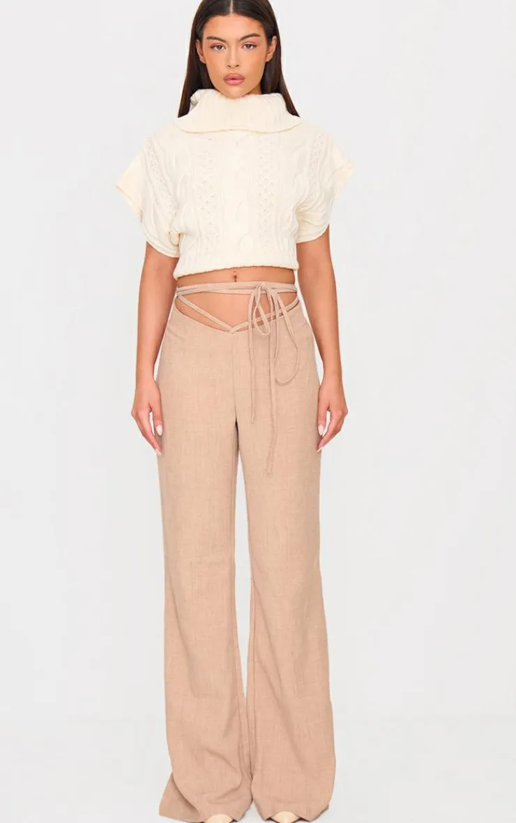 Outlet PrettyLittleThing PLT Label Tie Waist Pants Taupe