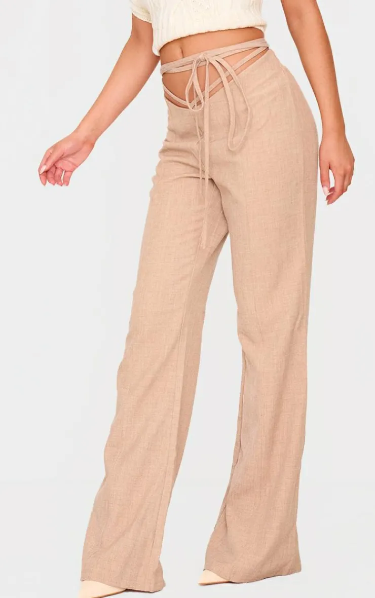 Outlet PrettyLittleThing PLT Label Tie Waist Pants Taupe