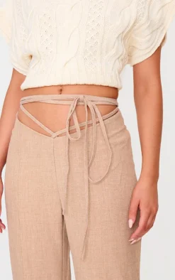 Outlet PrettyLittleThing PLT Label Tie Waist Pants Taupe
