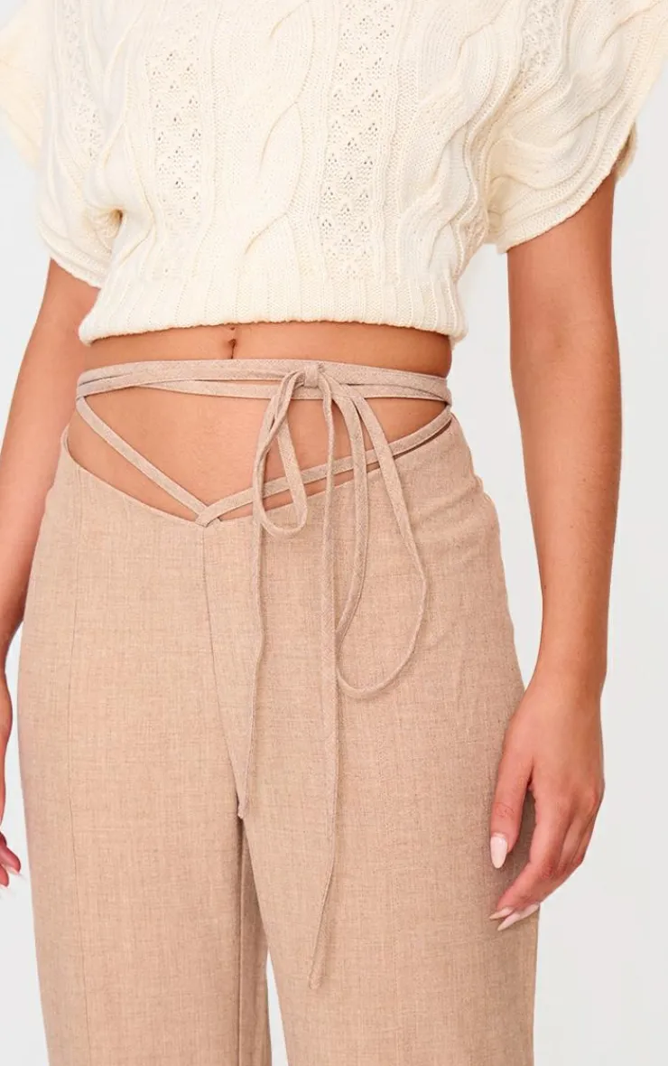 Outlet PrettyLittleThing PLT Label Tie Waist Pants Taupe