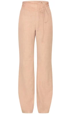 Outlet PrettyLittleThing PLT Label Tie Waist Pants Taupe