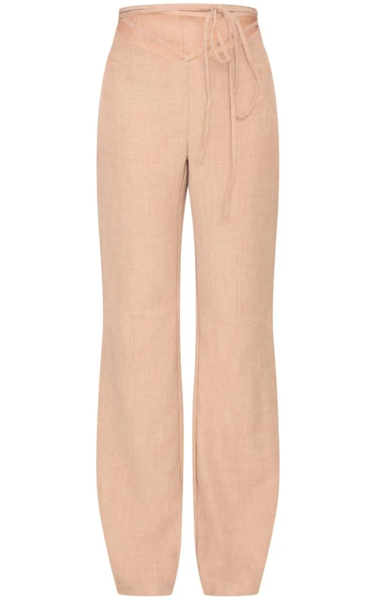 Outlet PrettyLittleThing PLT Label Tie Waist Pants Taupe