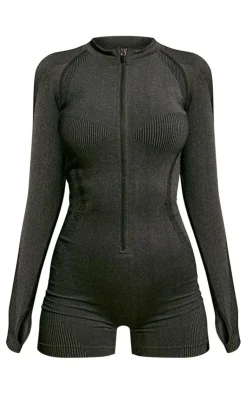 PrettyLittleThing Seamless Gym Wear*PLT SPORT Acid Wash Seamless Rib Panel Metallic Badge Short Gym Unitard