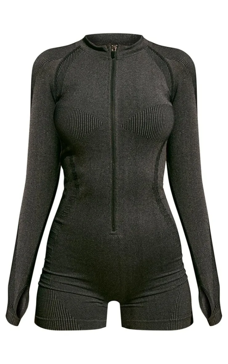 PrettyLittleThing Seamless Gym Wear*PLT SPORT Acid Wash Seamless Rib Panel Metallic Badge Short Gym Unitard