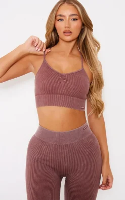 PrettyLittleThing Sports Bras*PLT SPORT Acid Wash Seamless Rib Longline Cage Back Sports Bra