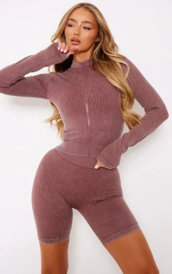 PrettyLittleThing Athletic Jackets*PLT SPORT Acid Wash Seamless Rib Zip Up Cropped Sports Jacket