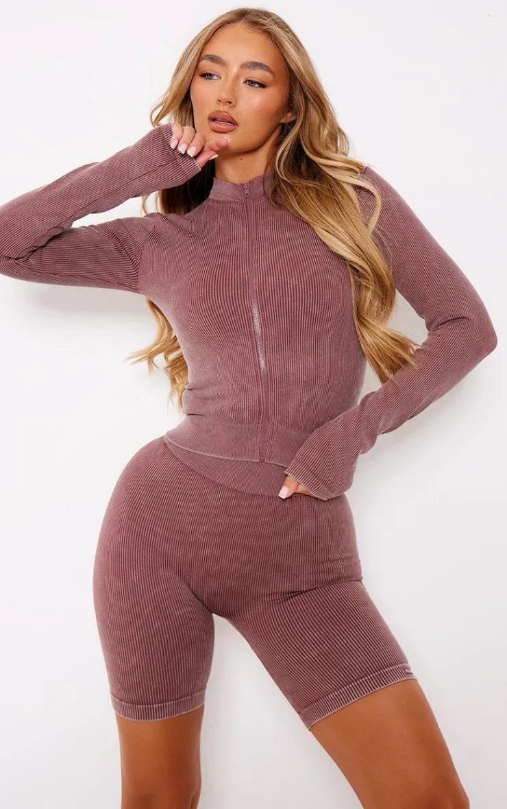 PrettyLittleThing Athletic Jackets*PLT SPORT Acid Wash Seamless Rib Zip Up Cropped Sports Jacket