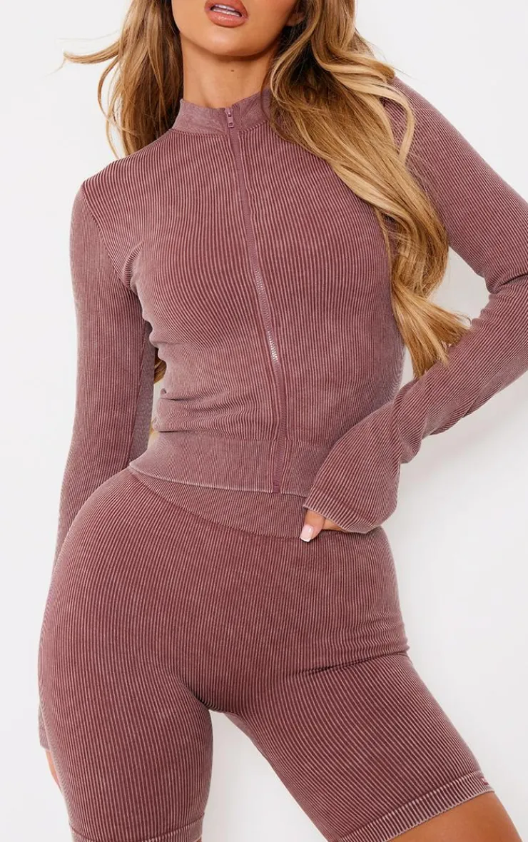 PrettyLittleThing Athletic Jackets*PLT SPORT Acid Wash Seamless Rib Zip Up Cropped Sports Jacket