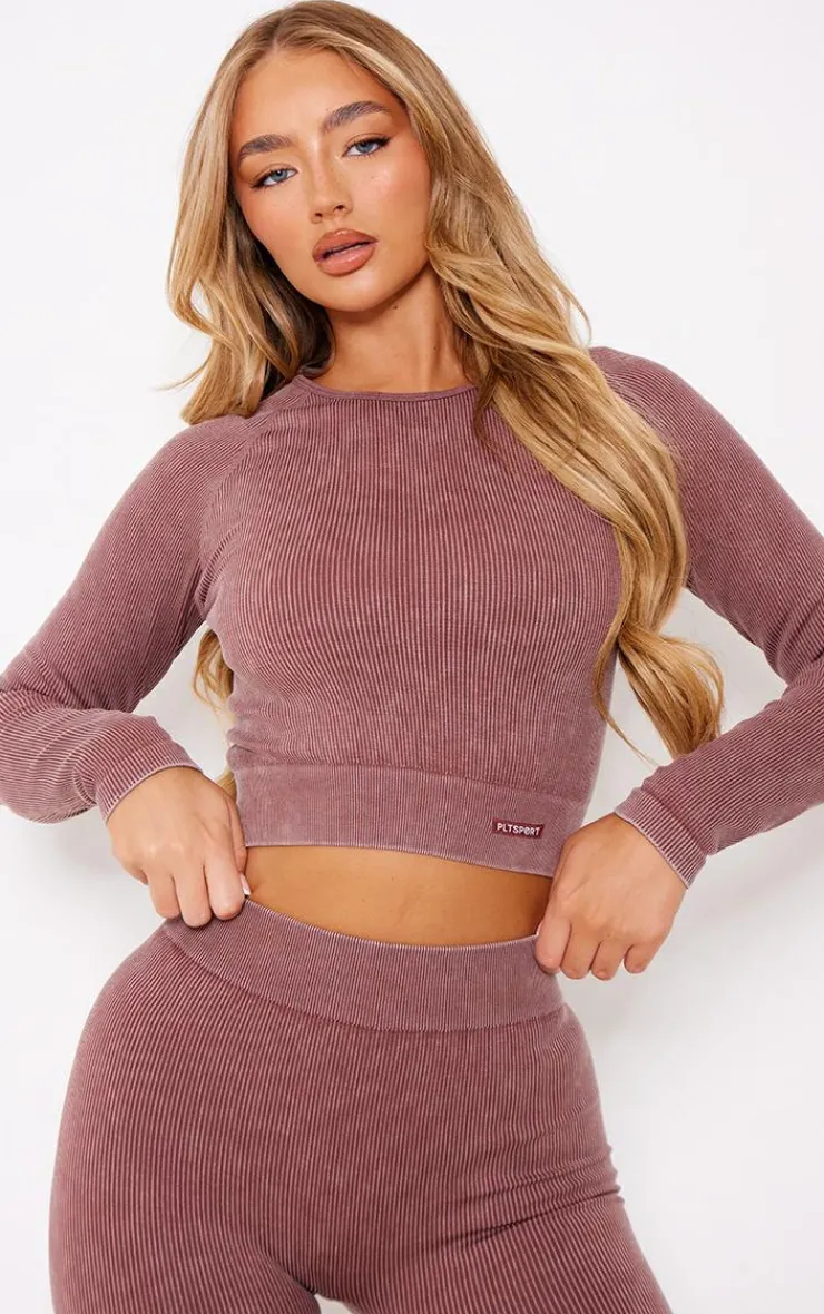 PrettyLittleThing Seamless Gym Wear*PLT SPORT Acid Wash Seamless Rib Long Sleeve Sports Top