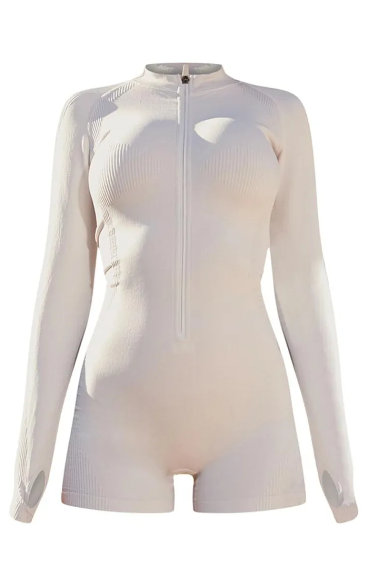 PrettyLittleThing Seamless Gym Wear*PLT SPORT Acid Wash Seamless Rib Panel Metallic Badge Short Gym Unitard