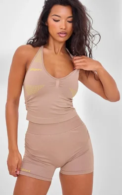 PrettyLittleThing Workout Tops*PLT SPORT Seamless Contrast Branding Ruched Side Halterneck Top