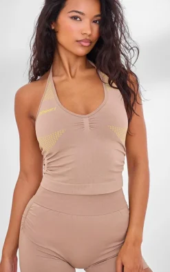 PrettyLittleThing Workout Tops*PLT SPORT Seamless Contrast Branding Ruched Side Halterneck Top