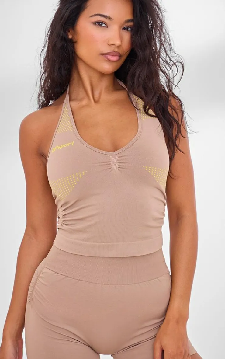 PrettyLittleThing Workout Tops*PLT SPORT Seamless Contrast Branding Ruched Side Halterneck Top