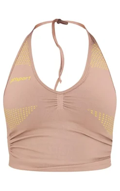 PrettyLittleThing Workout Tops*PLT SPORT Seamless Contrast Branding Ruched Side Halterneck Top
