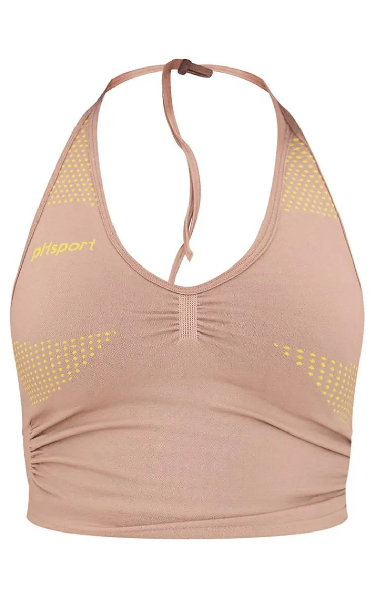 PrettyLittleThing Workout Tops*PLT SPORT Seamless Contrast Branding Ruched Side Halterneck Top