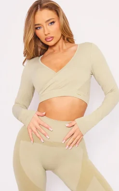 PrettyLittleThing Workout Tops*PLT SPORT Seamless Cross Front Long Sleeve Crop Top