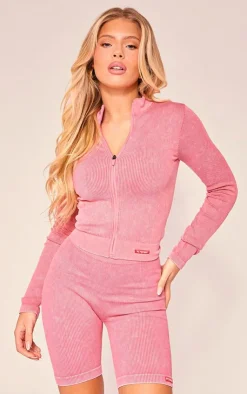 PrettyLittleThing Athletic Jackets*PLT SPORT Acid Wash Seamless Zip Up Cropped Sports Jacket
