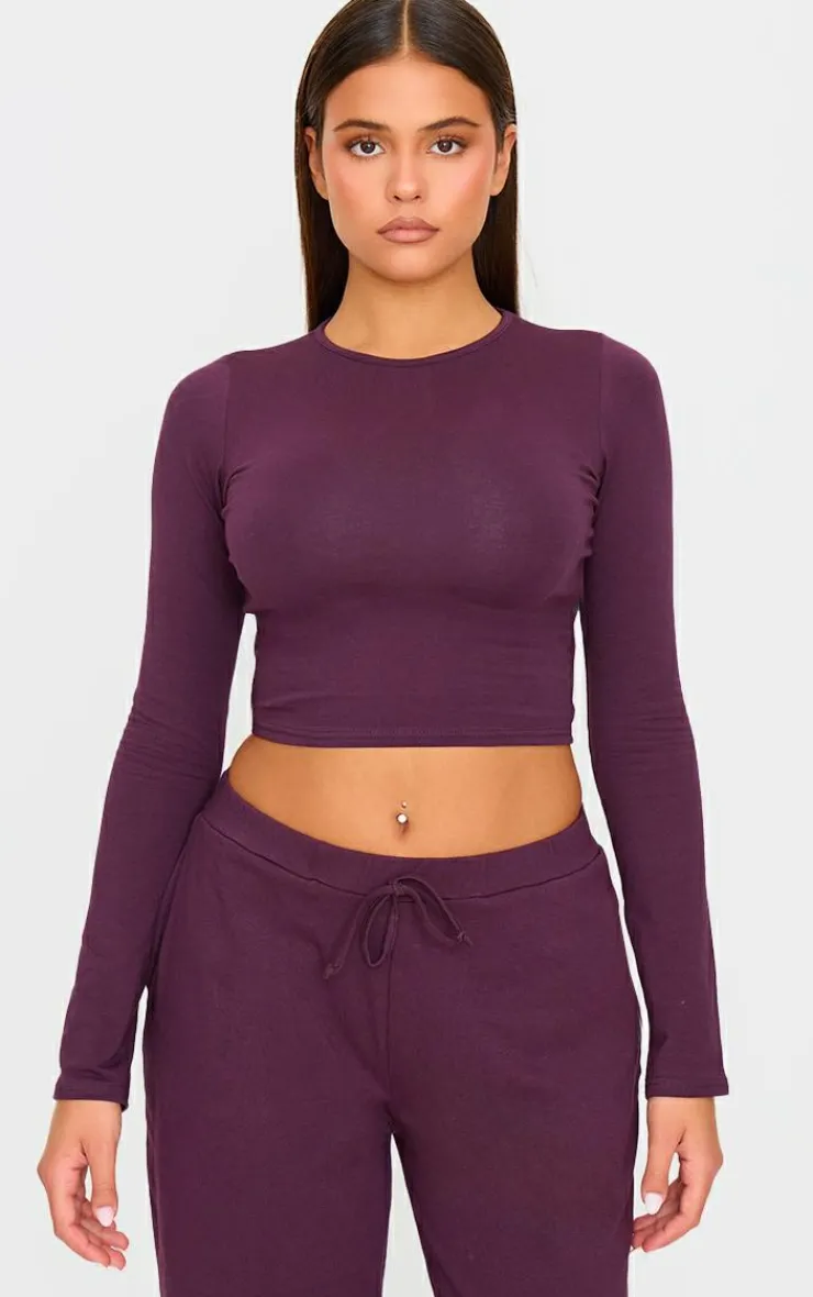 New PrettyLittleThing Cotton Jersey Long Sleeve Top Plum